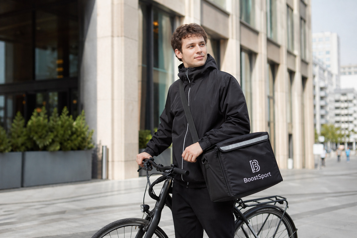 Доставщик Boost Sports с термосумкой в современном городе